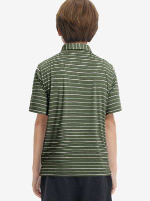 Back upper body view of kids stylish stripe polo shirts, showing pattern and olive green stripe tone