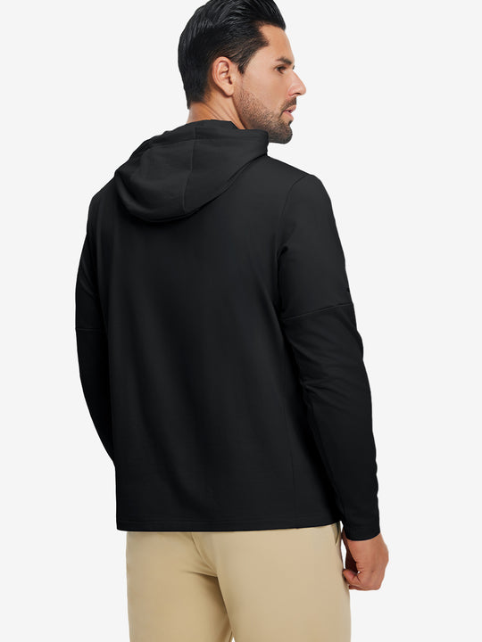 Back upper view of model wearing casual solid fleece hoodies pullover in black, showing smooth seams.