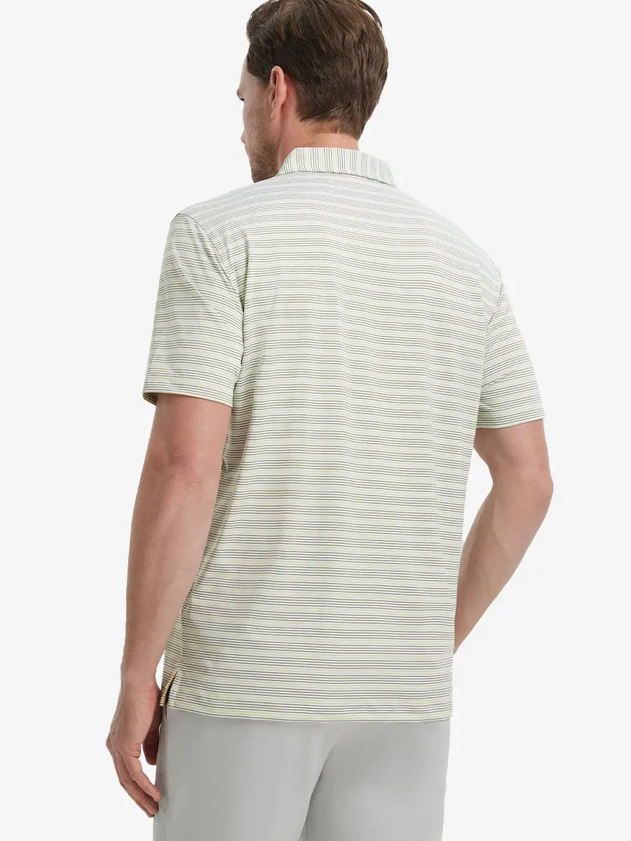 Back view of model in Olive Green Grass Green Performance Stripe Golf Shirt