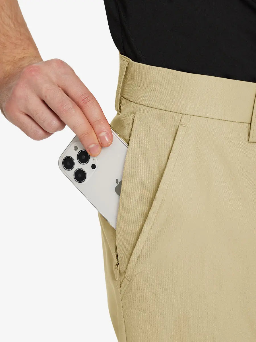 KHAKI Water Resistant Everyday Pants detail shot of iPhone in side pocket