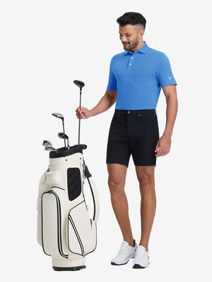 Full-body front view of model wearing the cabana swim comfy cotton blend polo shirt with pocket, showing the complete outfit