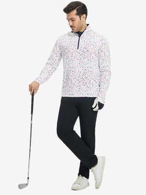 Model holding golf club in Full print lightweight quarter zip pullover with sporty white polka dots