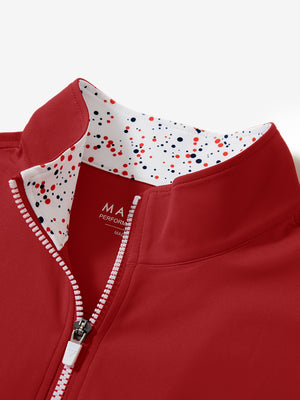 Zipper and inner pattern detail of the print collar quarter zip golf vest in red, highlighting design.