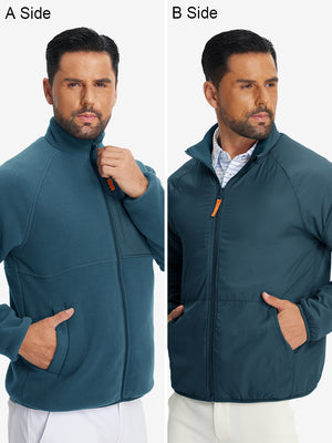 The model showcases a dark blue reversible fleece jacket with 5 pockets, highlighting its two-in-one reversible design.