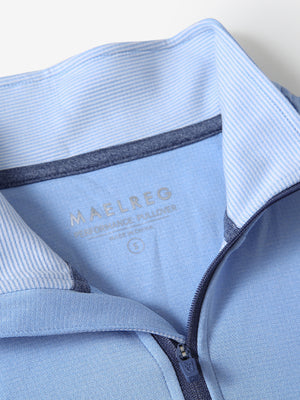 Collar detail close-up of LIGHT BLUE MELANGE Moisture Wicking Quarter Zip Pullover showing open design.