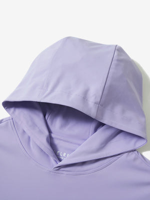 Hood detail of the lavender dry fit stretchy sweatshirts hoodie, showing smooth fabric and neat seams.