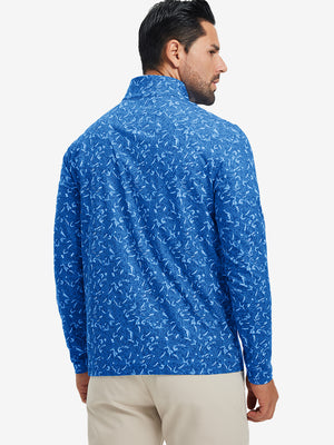 Back upper body angle of the line animal full print quarter zip pullover, model turns head slightly.
