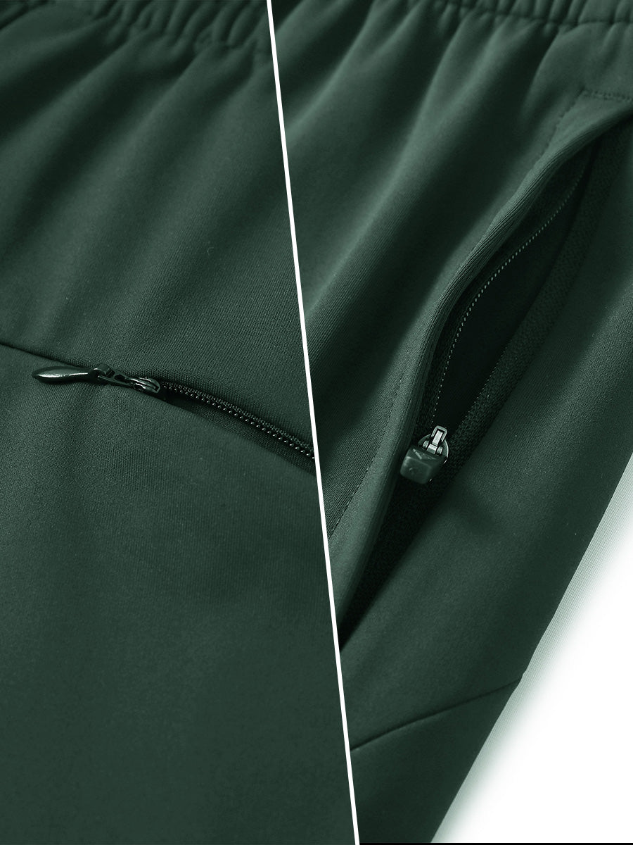 Two-part detail of lightweight women's stretchy joggers sweatpants zippers shown in forest green.