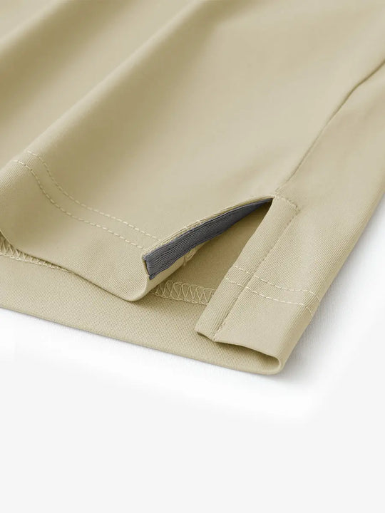 Hem slit detail of DARK KHAKI Stylish Chest Print Snap Polo highlighting stitching and finish