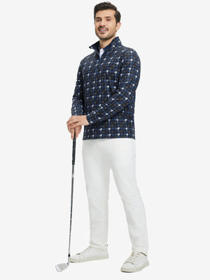 Model holding golf club in Full print lightweight quarter zip pullover with sporty blue/black houndstooth