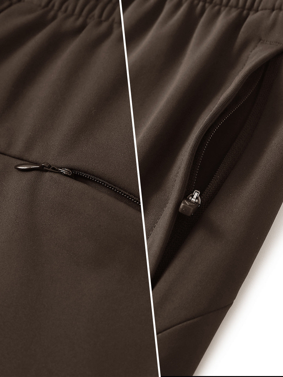 Two-part detail of lightweight women's stretchy joggers sweatpants zippers shown in coffee brown.