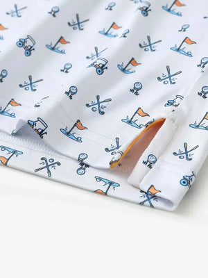 Hem slit detail of MAELREG Performance Jersey Print Polo in White Golf – comfort & movement