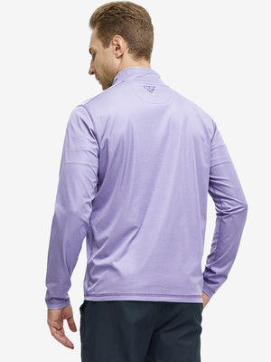 Back half-body view of model in Pinstripe Quarter Zip Pullover, showing back detail – LAVENDER MELANGE
