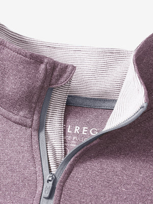 Detail shot of collar opening of dusty rose melange moisture wicking quarter zip pullover