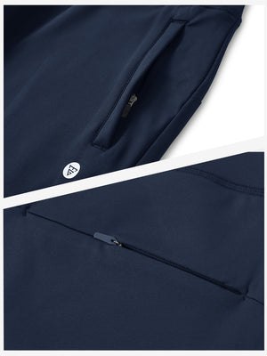 Detailed view of the front side pocket on women's stretch fleece lined water resistant joggers in navy, showing stitching and design.