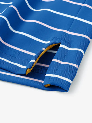 Hem detail of trendy boys stripe polo shirts, fine finish with subtle blue stripe touch