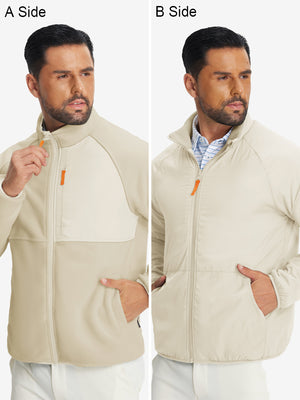 The model showcases a khaki reversible fleece jacket with 5 pockets, highlighting its two-in-one reversible design.