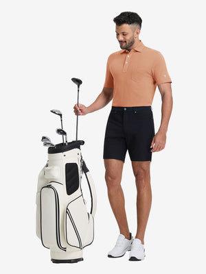 Full-body front view of model wearing the orange adobe heather comfy cotton blend polo shirt with pocket, showing the complete outfit