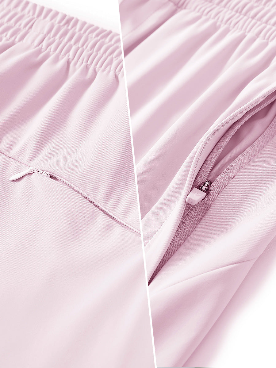 Two-part detail of lightweight women's stretchy joggers sweatpants zippers shown in light purple.