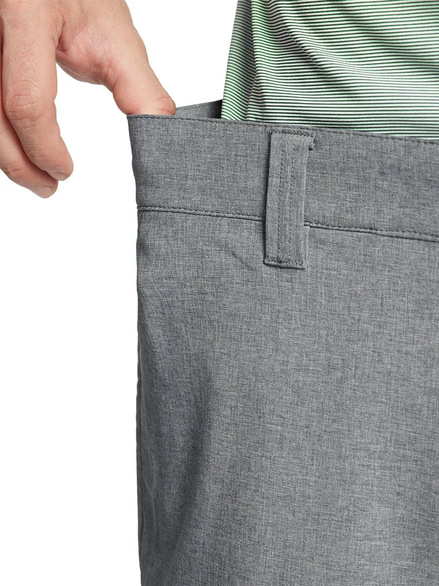 LIGHT GREY 7 Inch Heather Performance Golf Shorts close-up of waistband being stretched to show elasticity