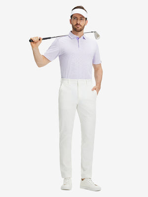Front half-body view of a model wearing the lavender feather weight jacquard polo shirts, showing the chest pocket