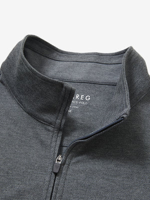 Collar close-up of Premium jacquard quarter zip pullover with zip detail in dark grey