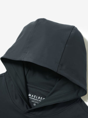 Hood detail of the dark grey dry fit stretchy sweatshirts hoodie, showing smooth fabric and neat seams.