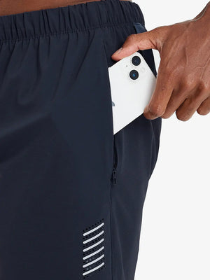 Side pocket detail with iPhone inserted on NAVY 2 in 1 Running Sports Shorts with Liner