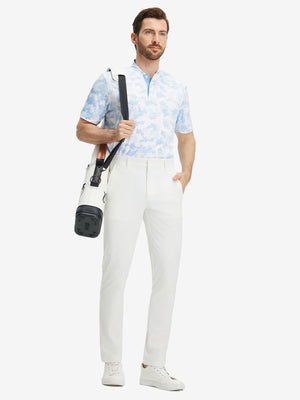 Full front: model in sky blue camo stretch printed collarless henley golf shirts with golf bag.