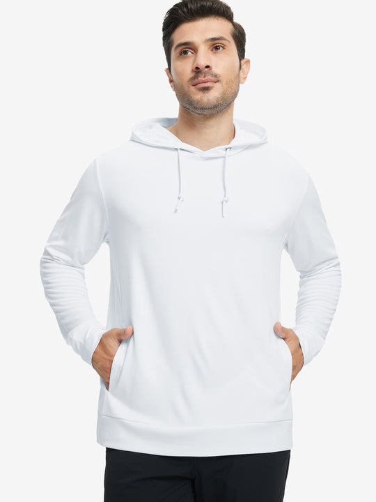 Model with one hand in pocket, wearing classic heather pullover hoodie in white, relaxed look.