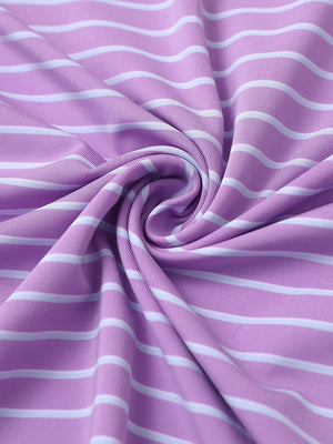 Close-up of lilac/light blue stripe popular yarn dyed stripe polo fabric showing crisp lines and soft texture.