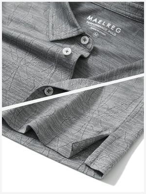 Detail shot of collar and hem of light grey flower breathable jacquard pattern 3-button golf polo