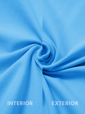 Close-up of inside and outside fabric of lightweight casual fleece jacket with 5 pockets in sky blue.