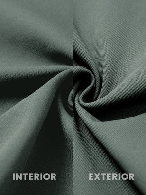 Close-up of fabric on water-resistant zip up golf jacket, showing texture and finish in slate green.
