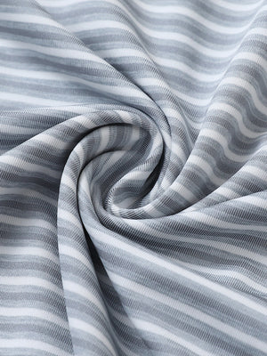 Close-up of grey white stripe sport fit stripe polo fabric showing crisp horizontal stripes and smooth, breathable texture.