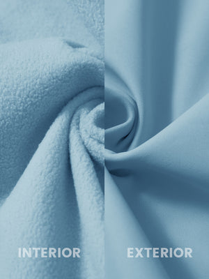 Close-up of the inner and outer fabric of winter thermal outdoor water resistant fleece jacket in misty blue, showing fleece lining and exterior.