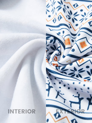 Close-up of the inner and outer fabric of youth full print stylish hoodies pullover in christmas snowflake, showing texture and finish