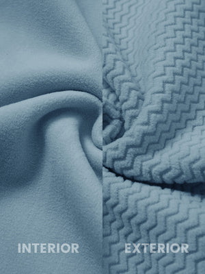 Close-up fabric detail of soft winter fleece jackets, plush texture with warm feel in misty blue