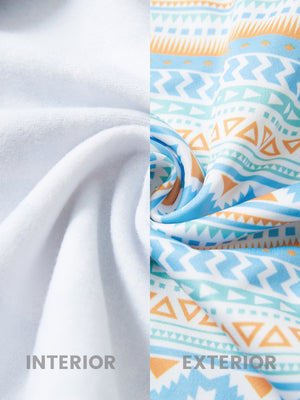 Close-up of the inner and outer fabric of youth full print stylish hoodies pullover in blue ethnic, showing texture and finish