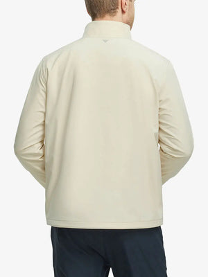 Back half-body shot showcasing the Light Khaki Softshell Jacket’s sleek fit and design