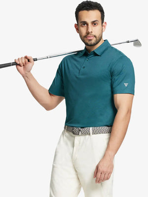 Front half-body pose with golf club, styled in TURQUOISE Performance Ananas Jacquard Polo