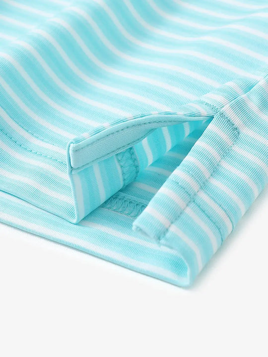 Close-up detail of hem opening on Sport Fit Stripe Polo in Aqua Blue Stripe