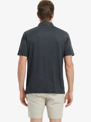 Rear half-body view of Modern Fit Melange Polo in BLACK HEATHER, showing fabric details and fit.