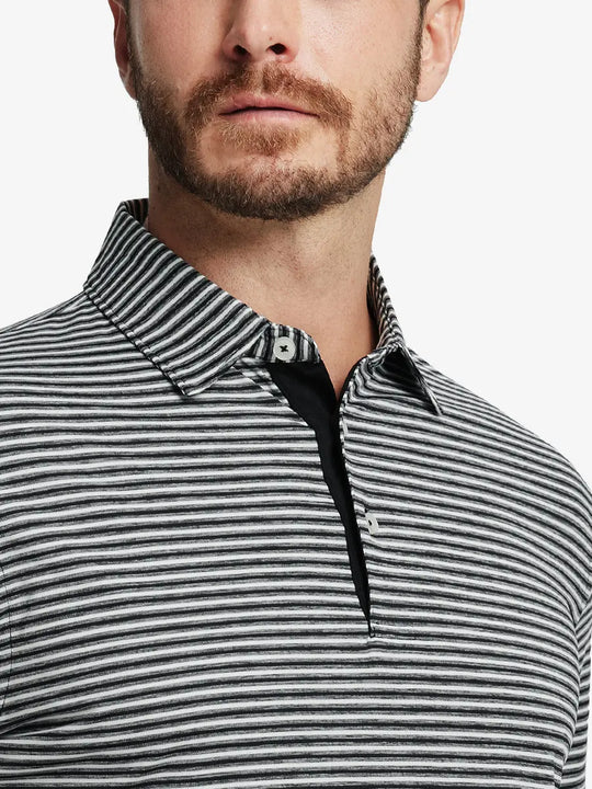 Front close-up shot of model from nose to chest wearing Sport Fit Stripe Polo in Black Stripe