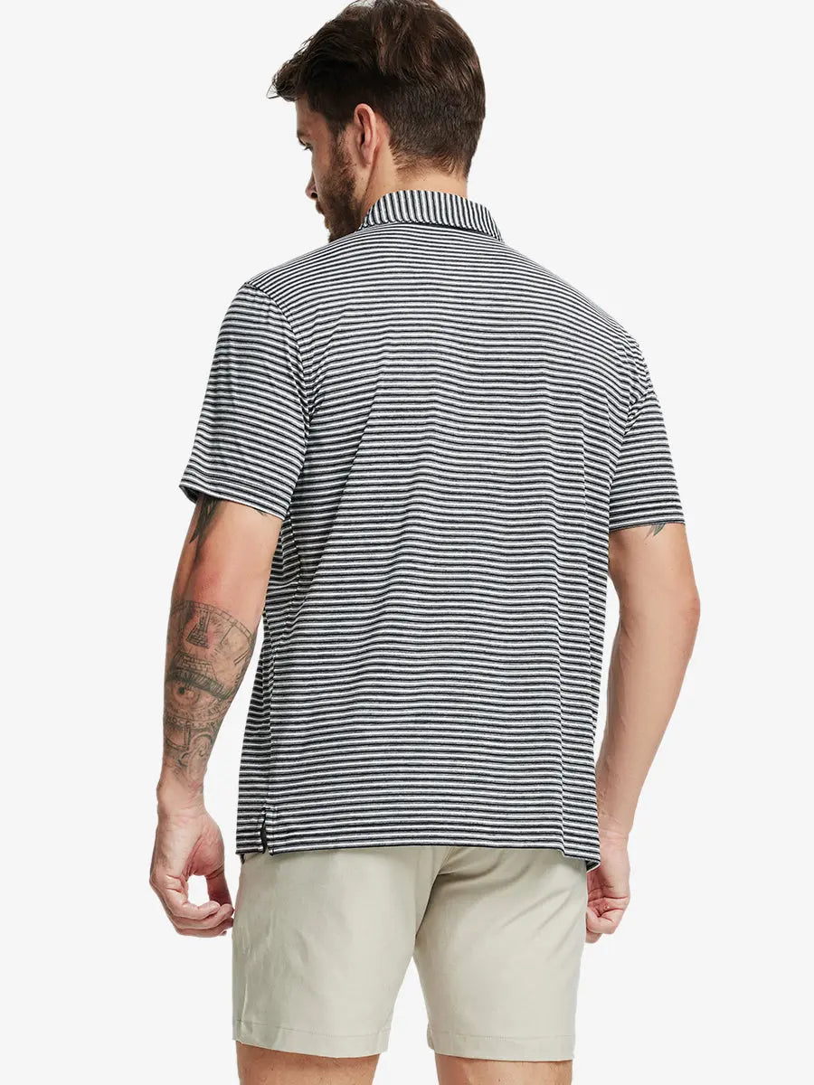Back half-body shot of model showcasing the back of Sport Fit Stripe Polo in Black Stripe