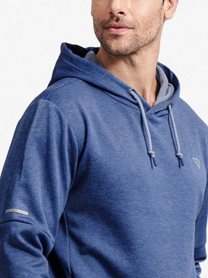 Front view from nose to chest of model wearing Classic Heather Fleece Hoodie in Blue Heather
