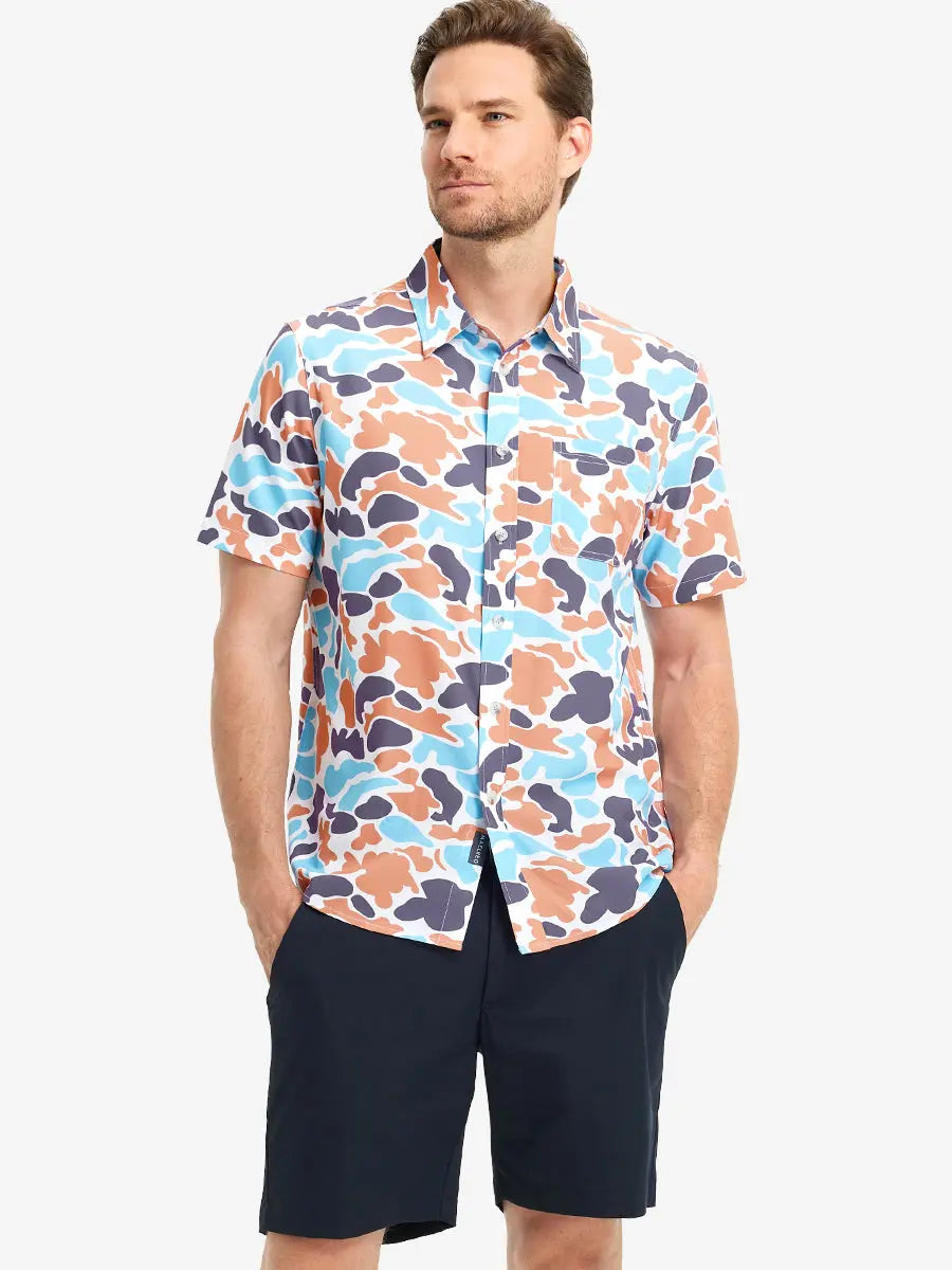 3D display of BLUE ORANGE CAMO Stylish Printing Summer Shirt.