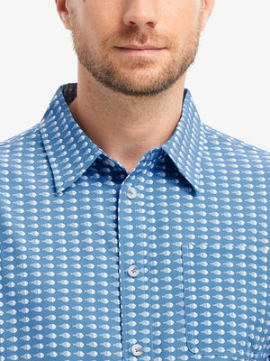 Front view from nose to chest wearing BLUE WHITE BONEFISH Stylish Printing Summer Shirt.