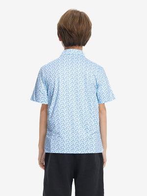 Back upper view of Stylish print boys polo shirts with clean lines and blue dinosaur tone