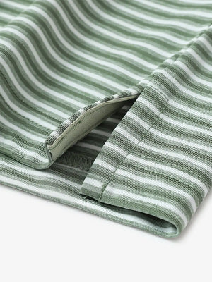 Close-up detail of hem opening on Sport Fit Stripe Polo in Dark Green Stripe